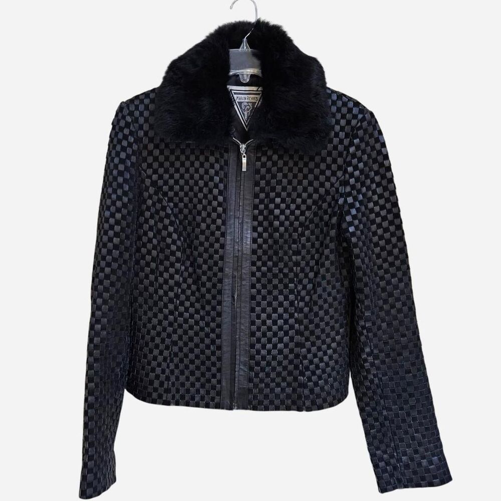 vintage boho grunge woven black leather jacket with detachable rabbit fur collar